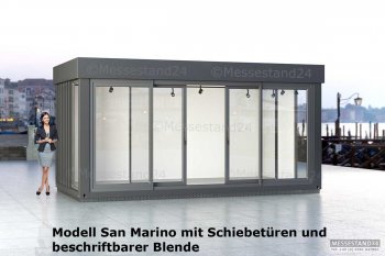 Ausstellungs- und Eventcontainer Modell San Marino. Frontseitig mit Schiebetüren mit Alu- oder PVC Rahmen